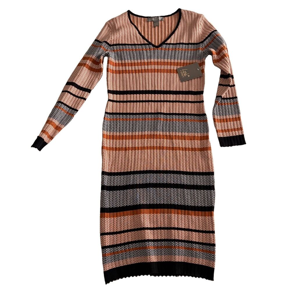 NWT Lark & GreyWomen's Chevron Stripe V-Neck Midi Sweater Dress Long Sleeve READ